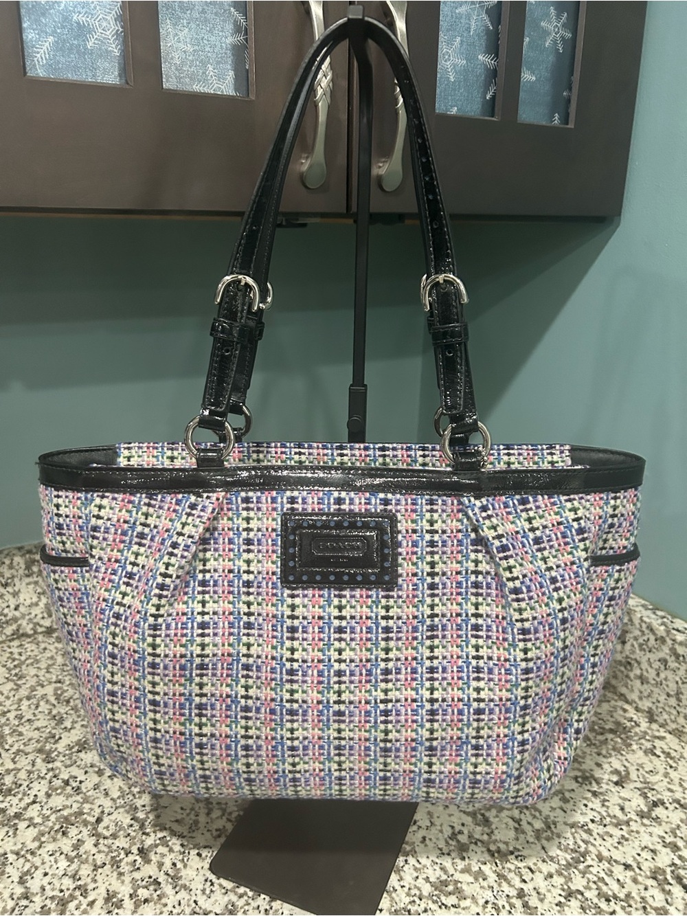 Coach Multicolor Tweed Tote with Black Leather Trim